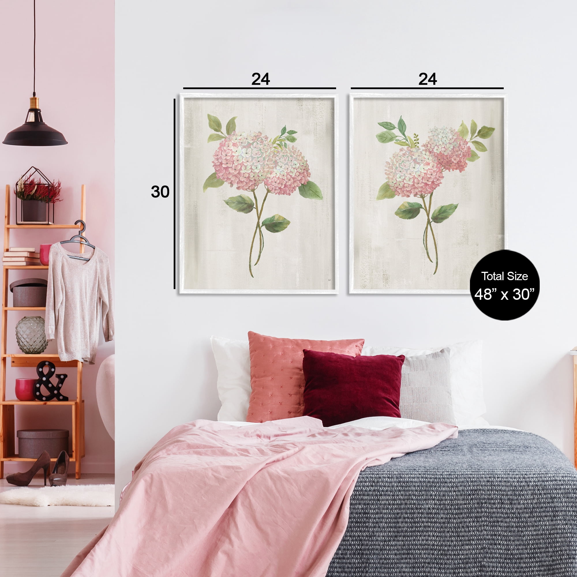 Stupell Industries Vintage Pink Hydrangea Pairs 2 Piece White Framed Giclee Art Set, design by Nan