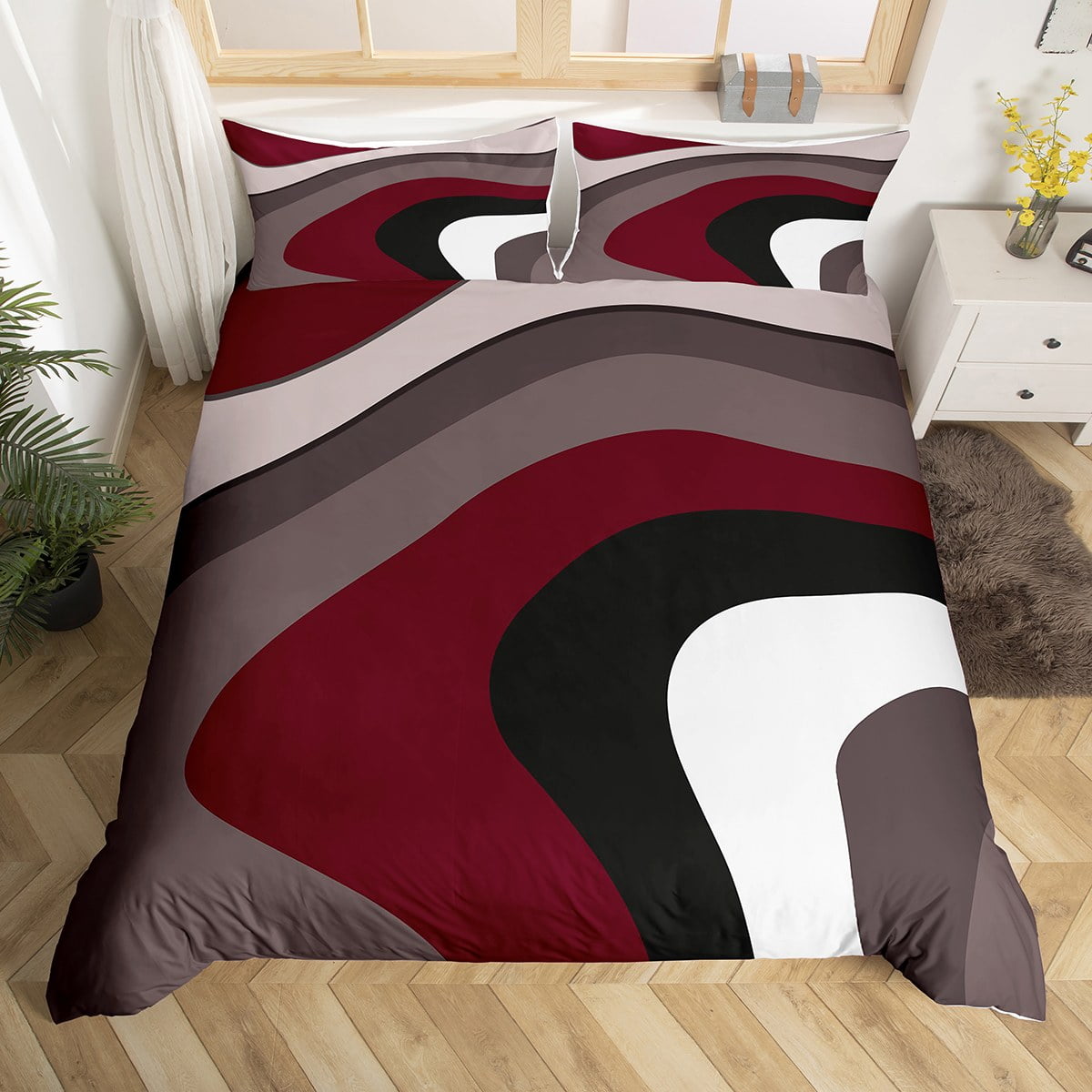 Abstract Swirls Bedding Set Queen Size, Red Brown Grey White Duvet