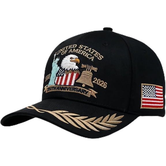 250 Anniversary USA Hat 250th American Adjustable Embroidery Baseball Cap 1776-2026 United States Eagle Patriotic Year Cap Merchandise Black