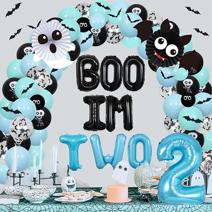 Halloween 2nd Birthday Party Decorations, Boo Im Two Decor Birthday Boy, Blue and Black Balloon Arch Kit, Ghost Number 2 Foil Balloons Bat Halloween Stickers for 2 Year Old Party