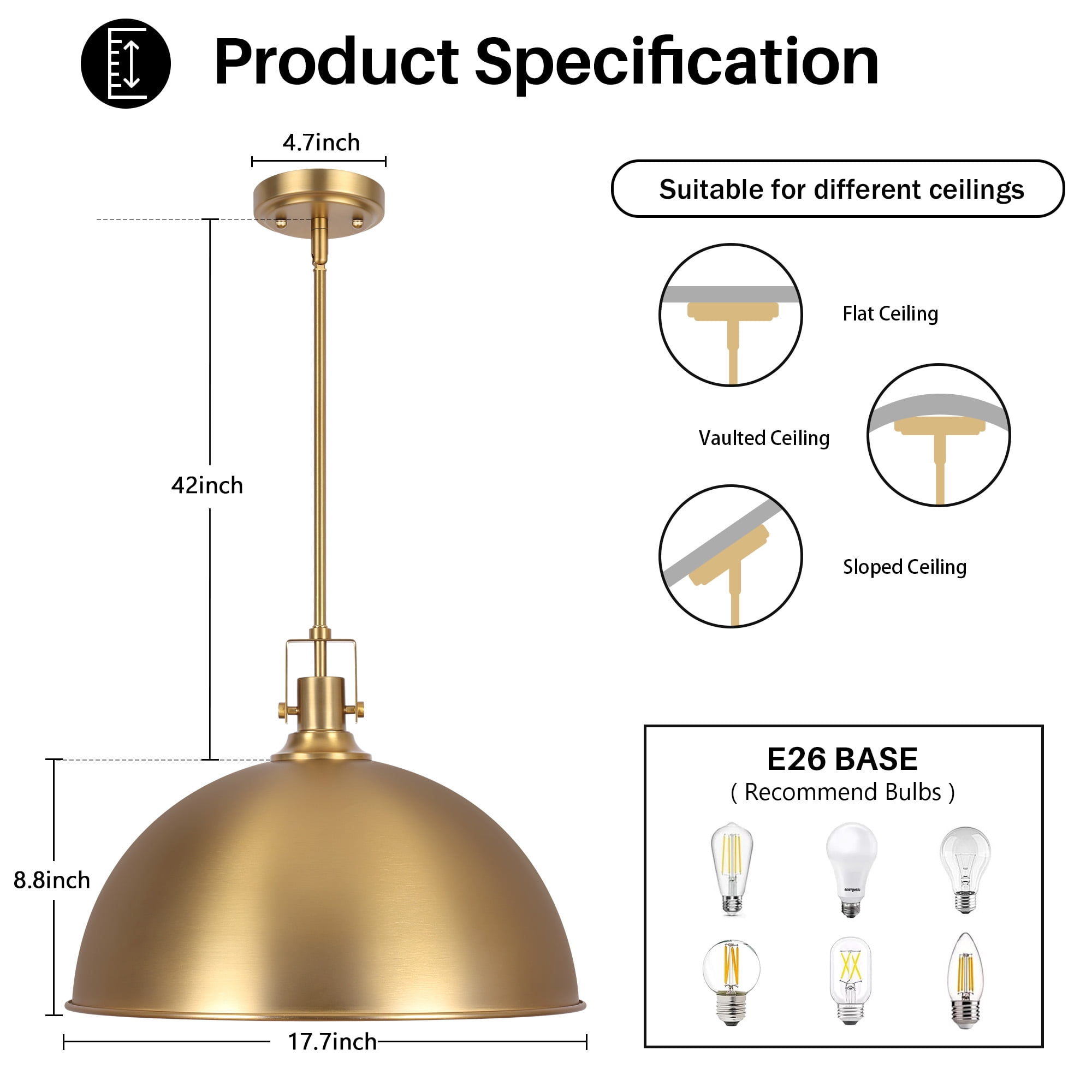 Modern Pendant Light, 18"Farmhouse Pendant Light Industrial Large Dome Brushed Gold Chandelier Ceiling Hanging Lighting for Dining Room Kitchen Island Bar Hallway Entryway