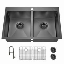 33 Inch Double Bowl Kitchen Sink Topmount Drop In 18 Gauge 304 Stainless Steel Sinks with Black Spring Neck Faucet 33” x 22” x 9”