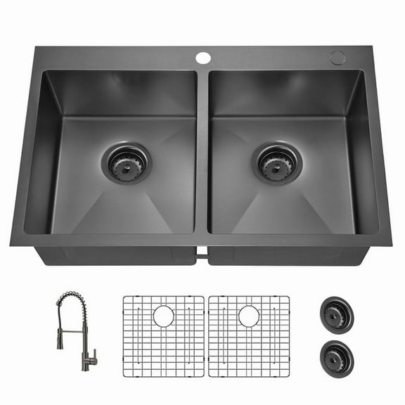 33 Inch Double Bowl Kitchen Sink Topmount Drop In 18 Gauge 304 Stainless Steel Sinks with Black Spring Neck Faucet 33” x 22” x 9”