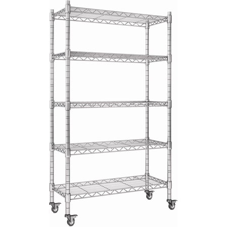 MUERE 33”W Storage Shelves with Wheels | 5 Tier Wire Shelving | 1500 LBS Metal Shelving | Garage Shelving Units and Storage | Wire Rack Adjustable Layer Height | 33”W×13”D×73” H| Electroplated Silver