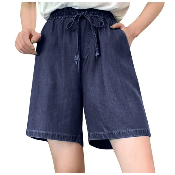 Summer Pants for Women Jean Shorts For Women High Waisted Lightweight Comfy Denim Shorts Casual Drawstring Elastic Waist Jean Women's Casual Dress Pants Flare Yoga Tall Woven Business Dark Blue XL