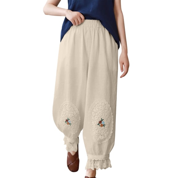 Womens Linen High Waisted Balloon Pants Elastic Waist Lace Trim Palazzo Trousers with Pockets Loose Casual Travel Work Pants Beige