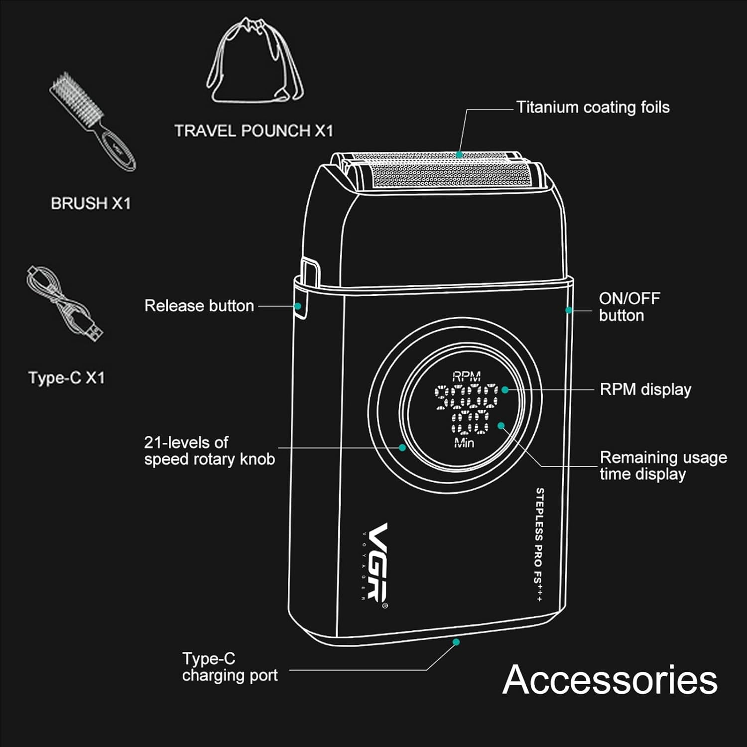 VGR 378 Electric Shavers for Men, Triple Floating Blade Foil Shaver Cordless Men's Electric Razor, 9000 RPM Motor Bald Shavers Titanium Foils with LED Display, Barber Supplies (Red)