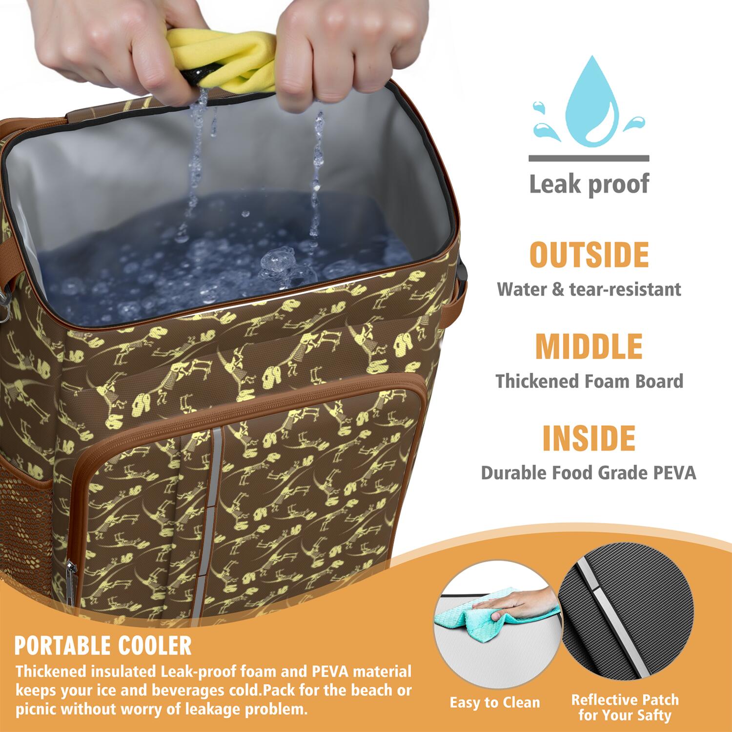 Travel Cooler Bag - Brown Yellow Dinosaurs Fossils Pattern Camping Beer Cooler Backpack with Bottle Opener- Waterproof Insulated Picnic Backpacks - Cooler Bag for Beach