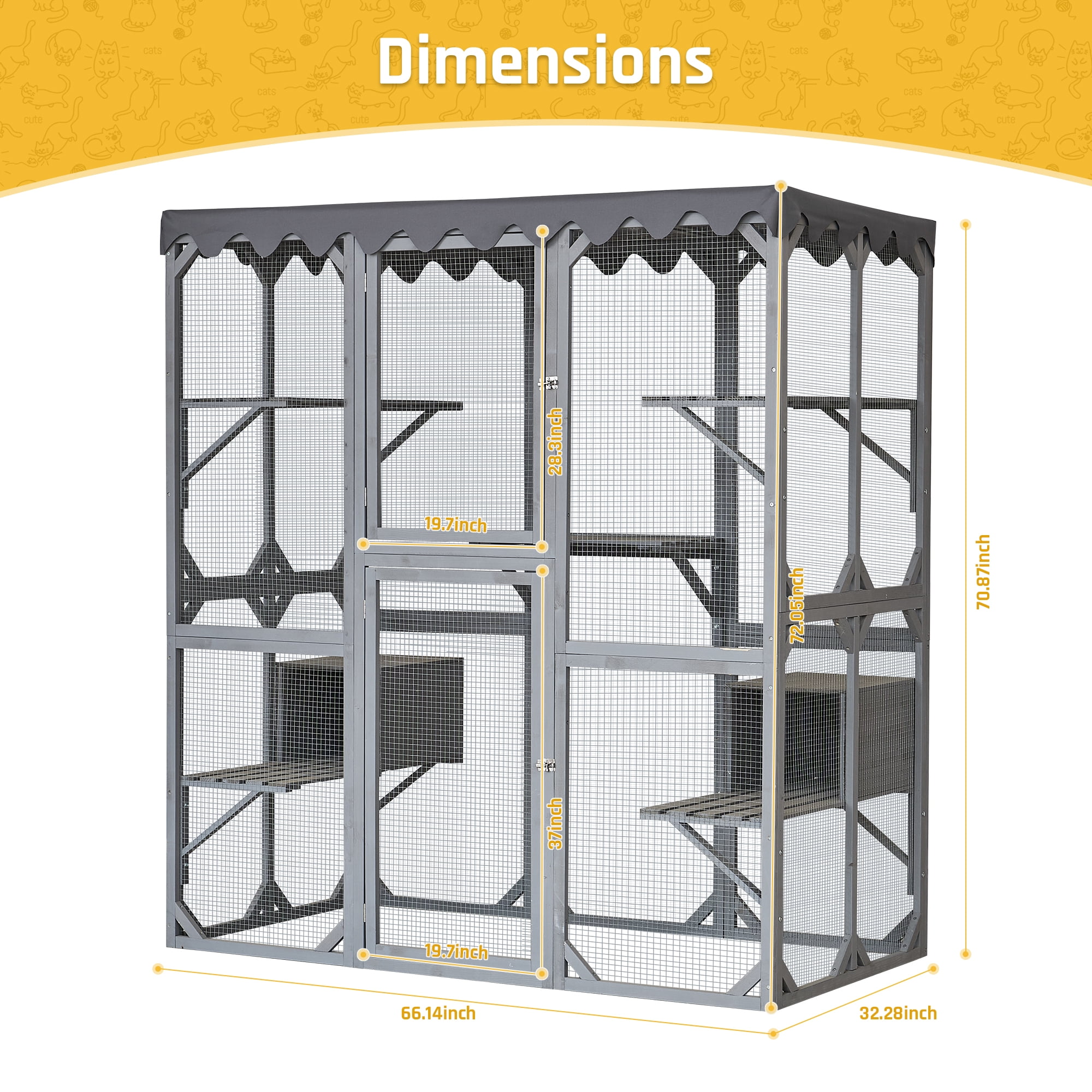 Outdoor Cat Enclosure with Weatherproof PVC Roof 72" Height Cat Wooden House Large Cat Catio