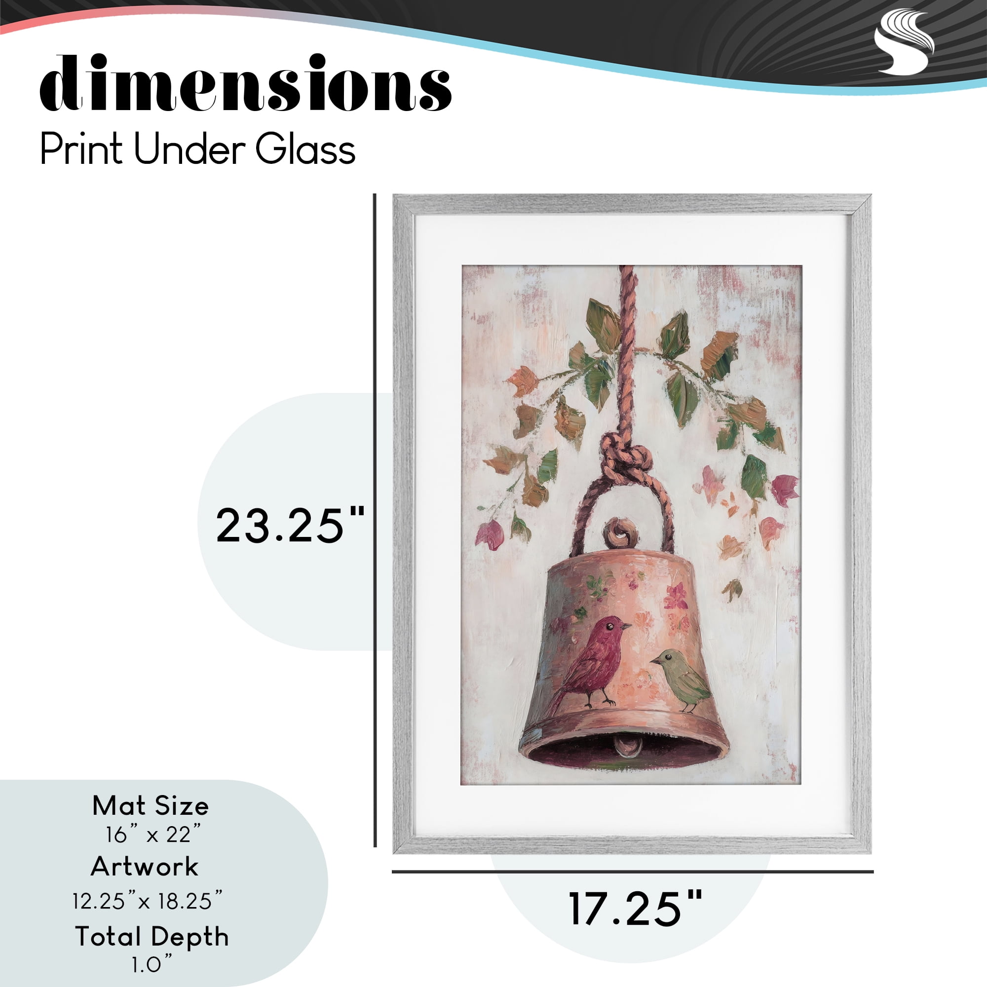 Vintage Christmas Bell Gray Framed Print Under Glass, design by Petal Prints Design