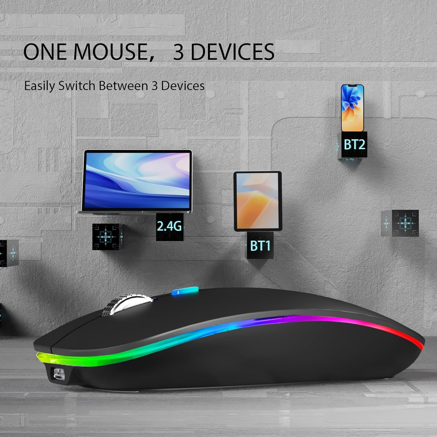 LED Wireless Mouse, G12 Slim Rechargeable Silent 2.4G Portable USB Optical Computer Mice with Receiver and Type C Adapter (Matte Black)