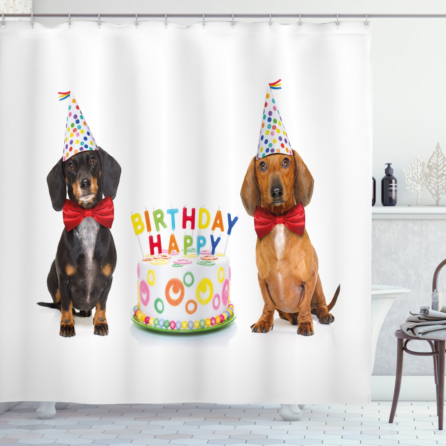 Dachshund Shower Curtain, Couple of Bow Tied Sausage Dogs with Happy