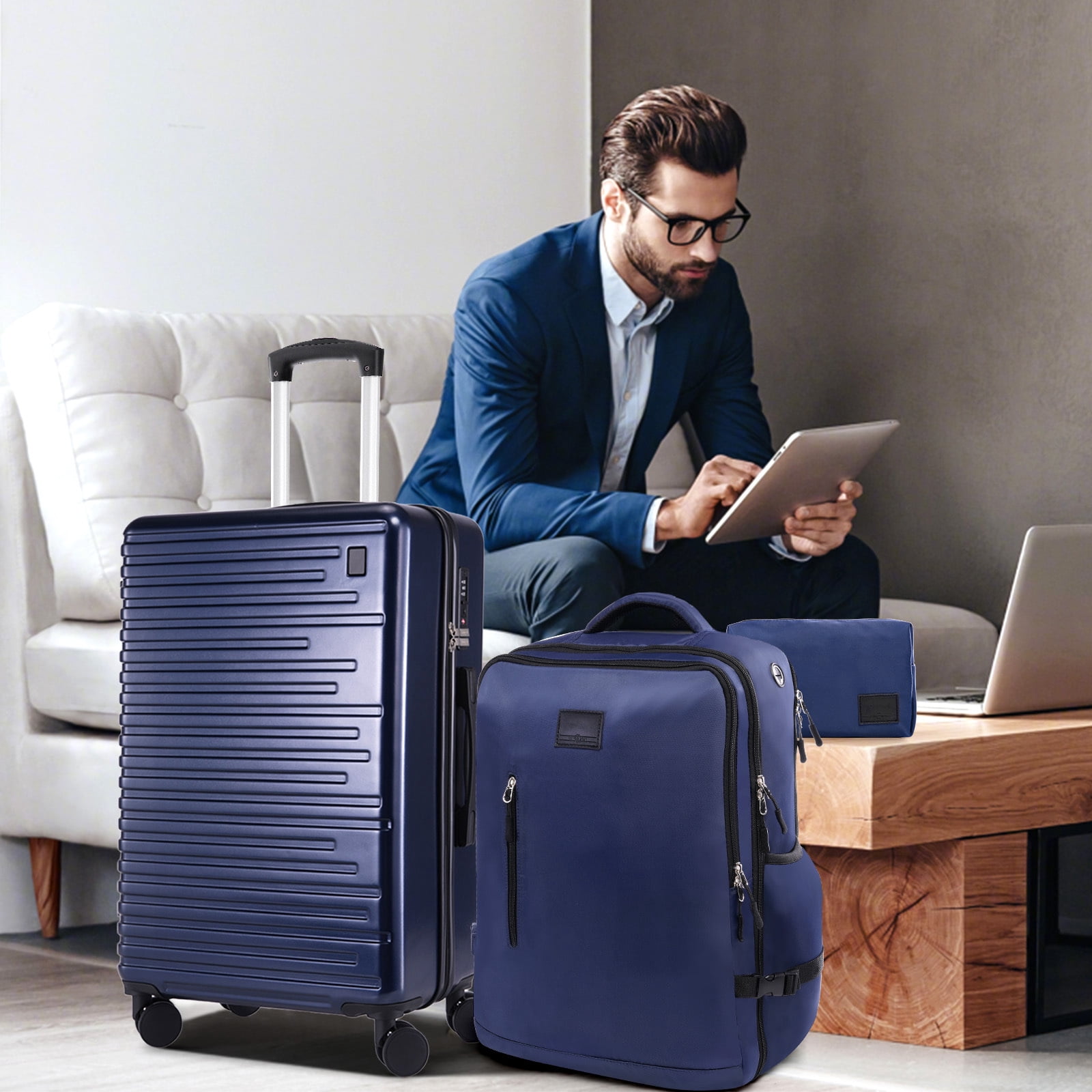 SANOPY 5 Piece Luggage Sets, ABS+PC Carry on Luggage with Backpack, Lightweight Suitcase Set Spinner Wheel TSA Lock, Deep Blue