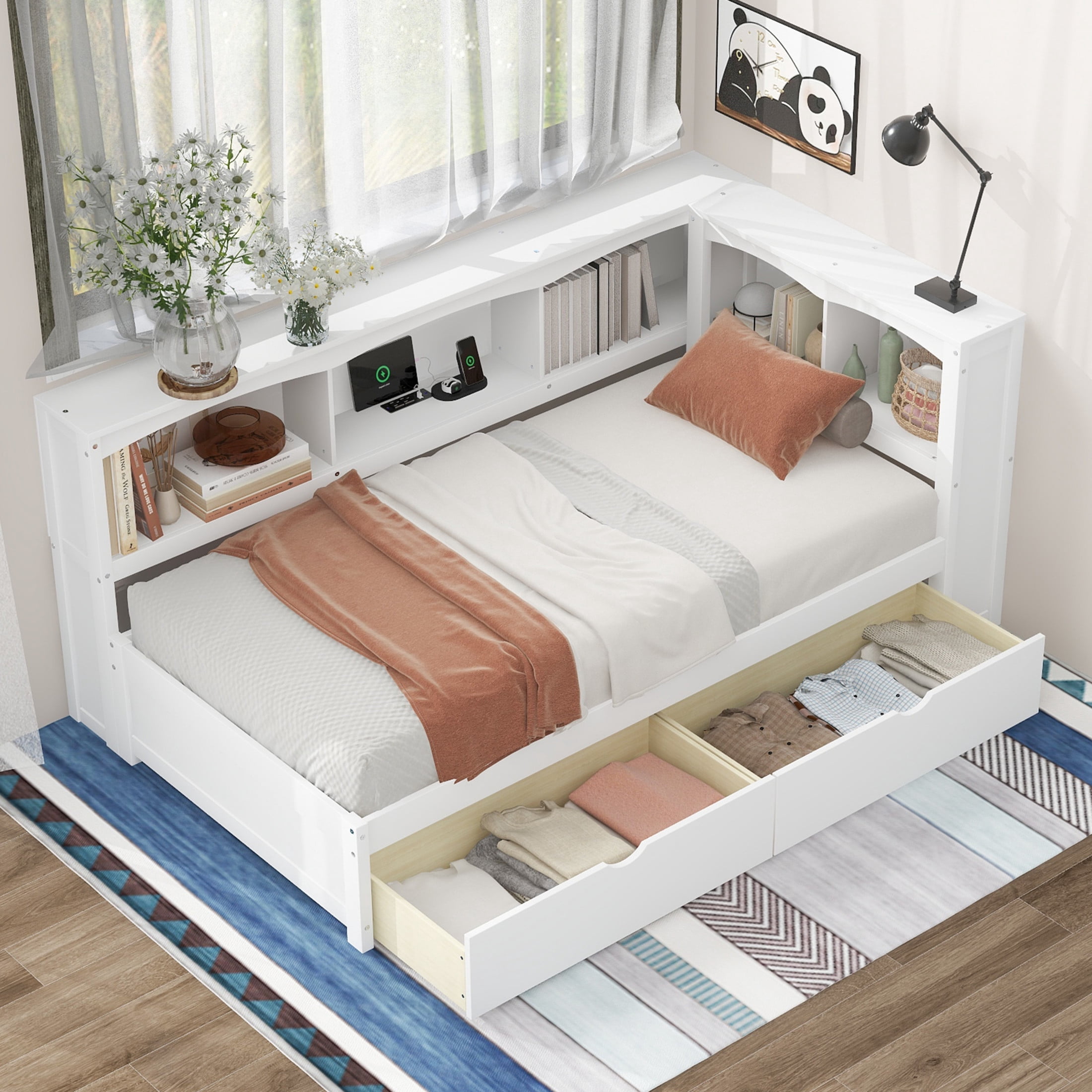 Noble House Creta Twin Size Daybed with Storage Drawers and Cabinets, USB Charging Ports, Durable Wood Guest Bed, White