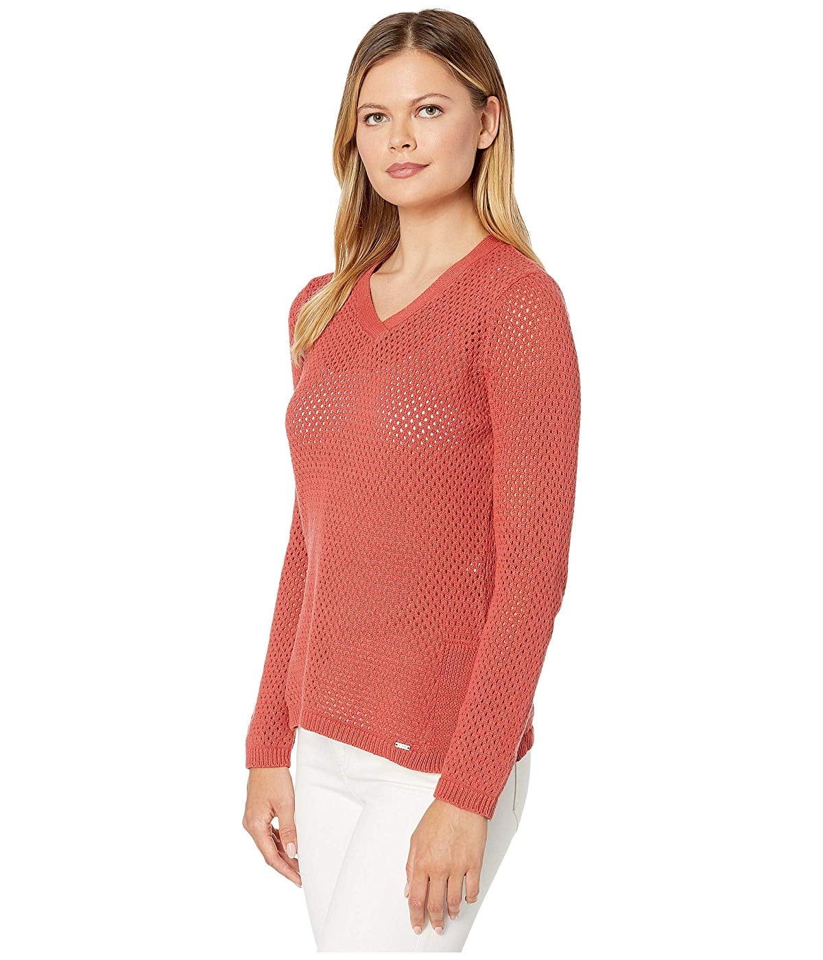 French Dressing FDJ French Dressing Jeans Solid Mesh Stitch VNeck Long Sleeve Sweater Pumpkin