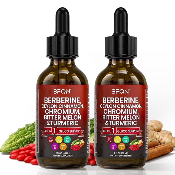 BFQN Organic Berberine & Ceylon Cinnamon Liquid Drops – 13-IN-1 with Bitter Melon, Turmeric, Support Blood Sugar, Metabolism & Weight Management, 2 fl oz (2-Pack)