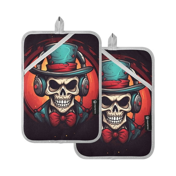 Pot Holders Set of 2 Heat Resistant 338℉ Kitchen Oven Gloves Potholder Cooking Baking Microwave Mitts Cool Skeleton with Hat