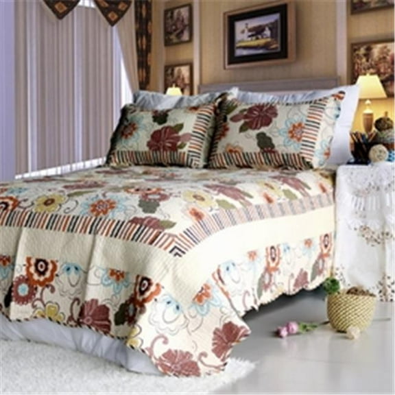 Shaine - 100 Percent Cotton  3 Pieces Floral Vermicelli-Quilted Patchwork Quilt Set  Full & Queen Size - Red