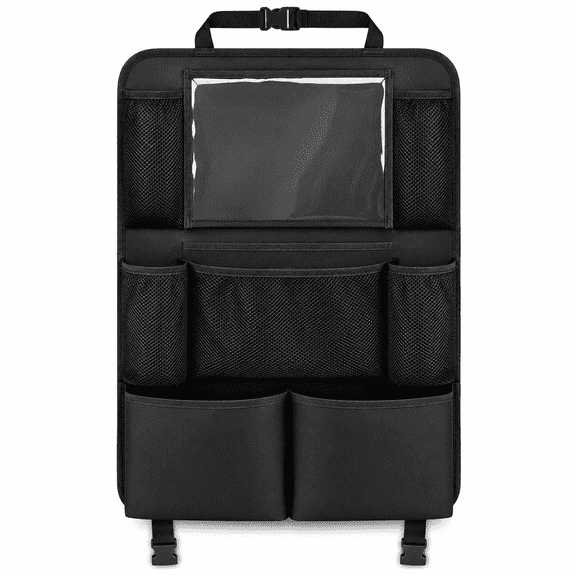PLERISE Car Backseat Organizer with Kick Mats – 2‑pack Black, Tablet Holder, 9 Storage Pockets, Waterproof & Easy‑Clean Travel Accessory for Kids