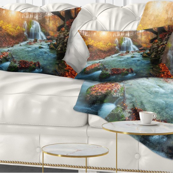 Designart Fast Flowing Fall River in Forest - Landscape Photography Throw Pillow - 12x20