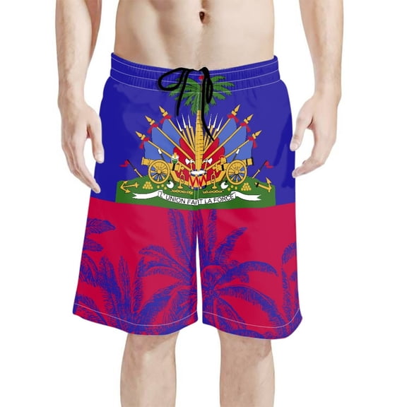 Binienty Men's Board Shorts Swim Trunks With Haiti Flag Palm Design - Quick Dry for Summer Beach and Water Activities