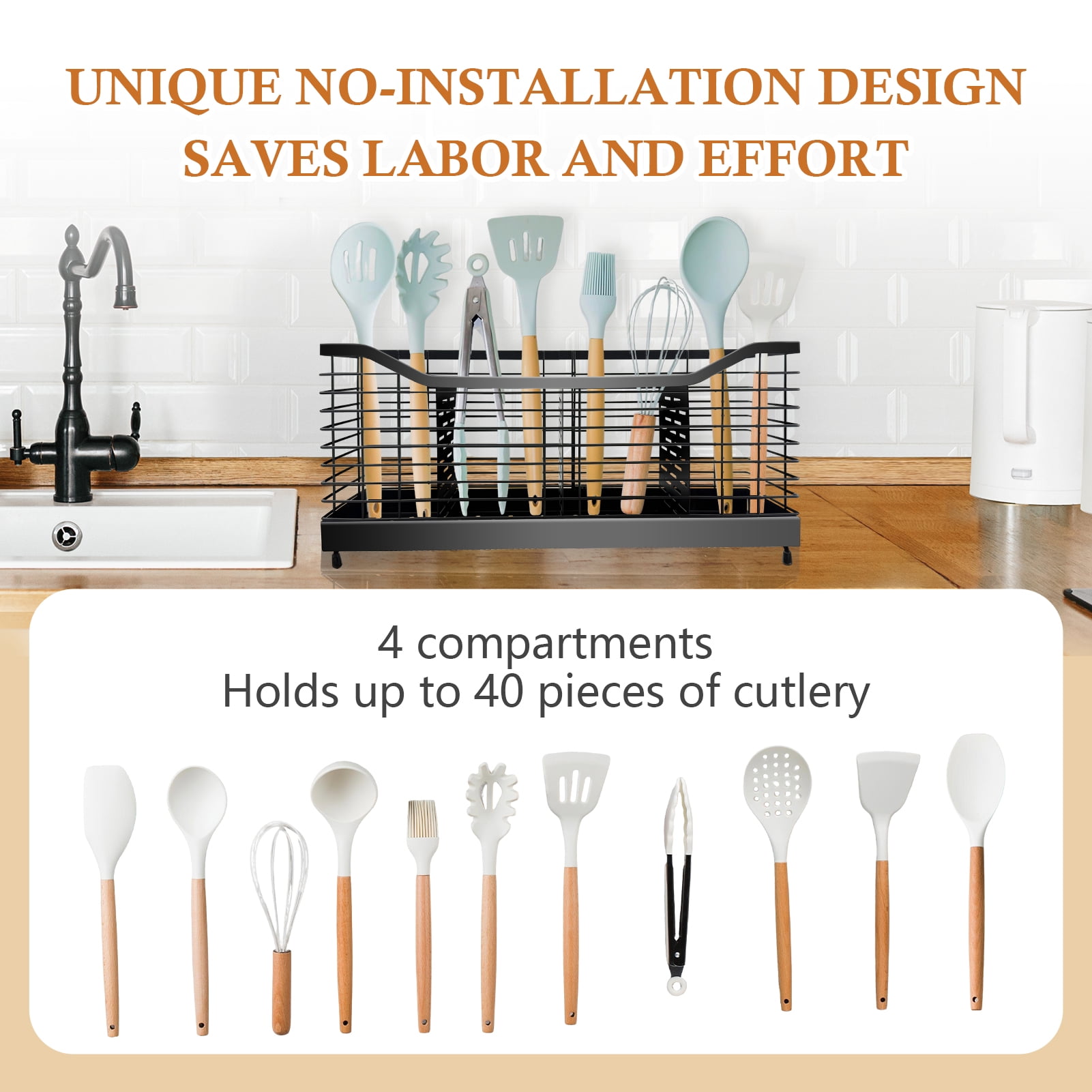 Godance Extra Large Kitchen Utensil Organizer with 4 Compartments - Countertop Storage Holder for 40+ Cooking Tools, Drainage Design with Non-Slip Base, Countertop Organizer for Spoons, Spatulas