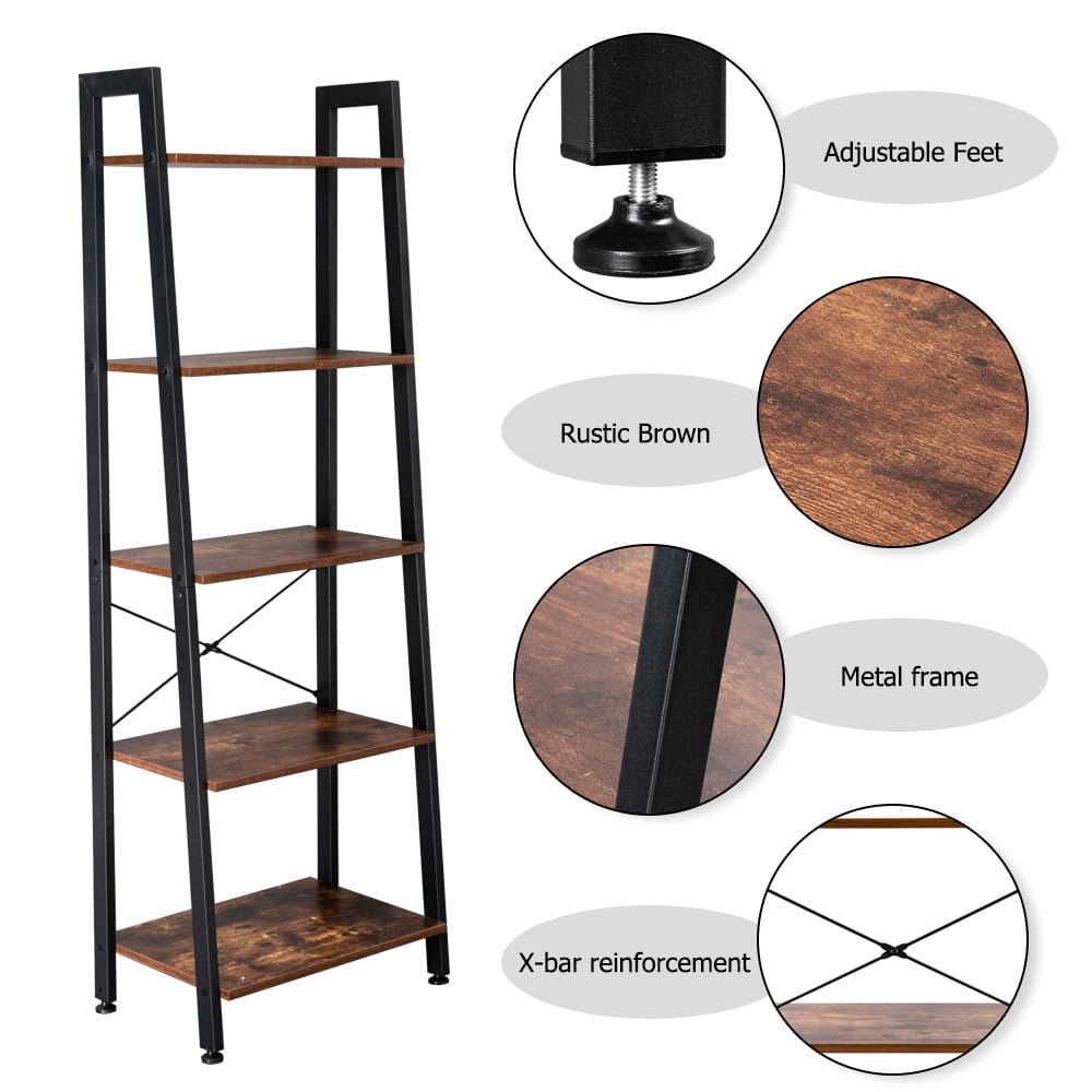 Kepooman 5-Tier Ladder Shelf, Rustic Leaning Shelf, Vintage Ladder Bookshelf, Utility Organizer Shelves, Metal Frame Furniture, Brown Kepooman 5-Tier Ladder Shelf, Rustic Leaning Shelf, Vintage Ladder Bookshelf, Utility Organizer Shelves, Metal Frame Furniture, Brown
