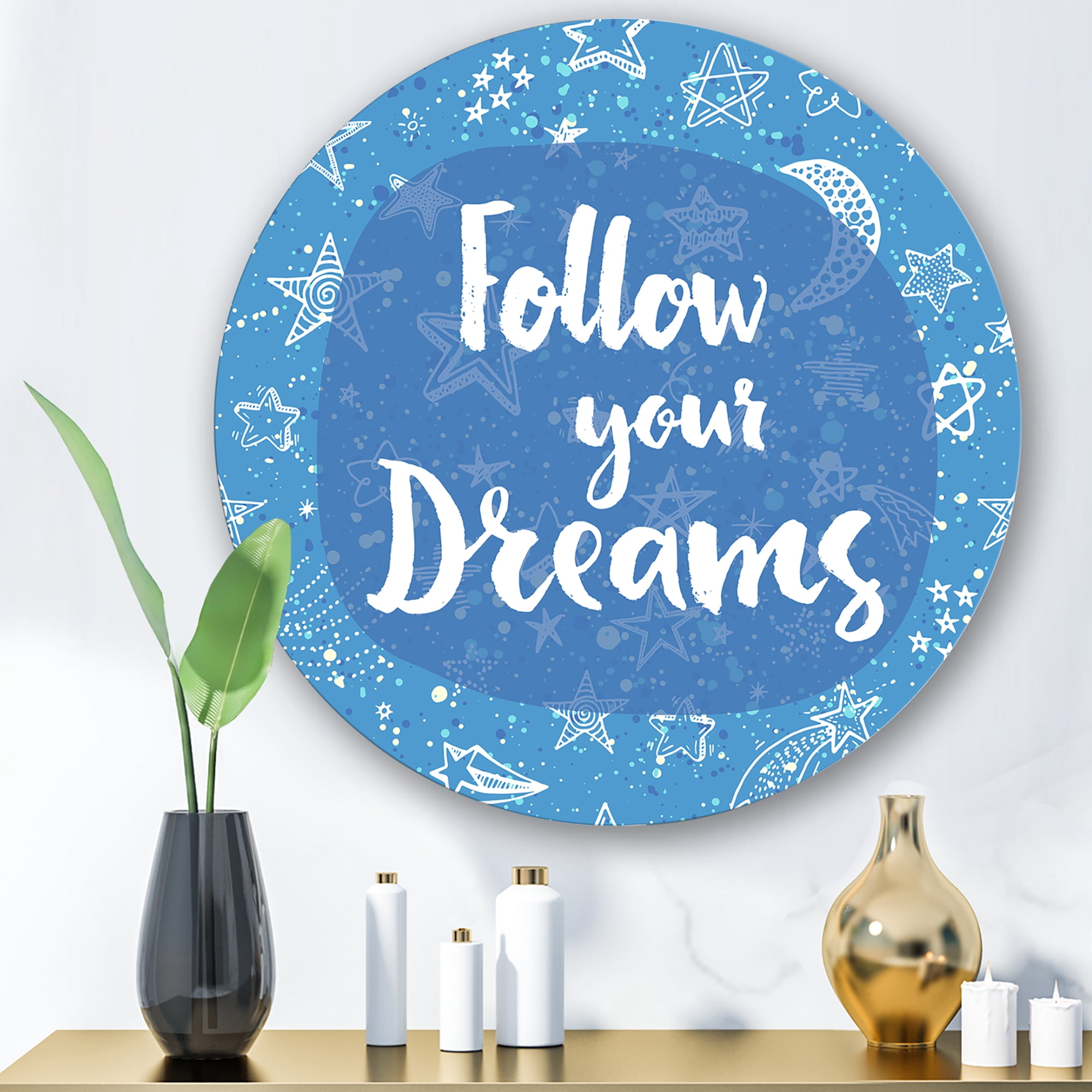 Designart 'Follow Your Dreams On Blue II' Modern Circle Metal Wall Art 23x23 - Disc of 23