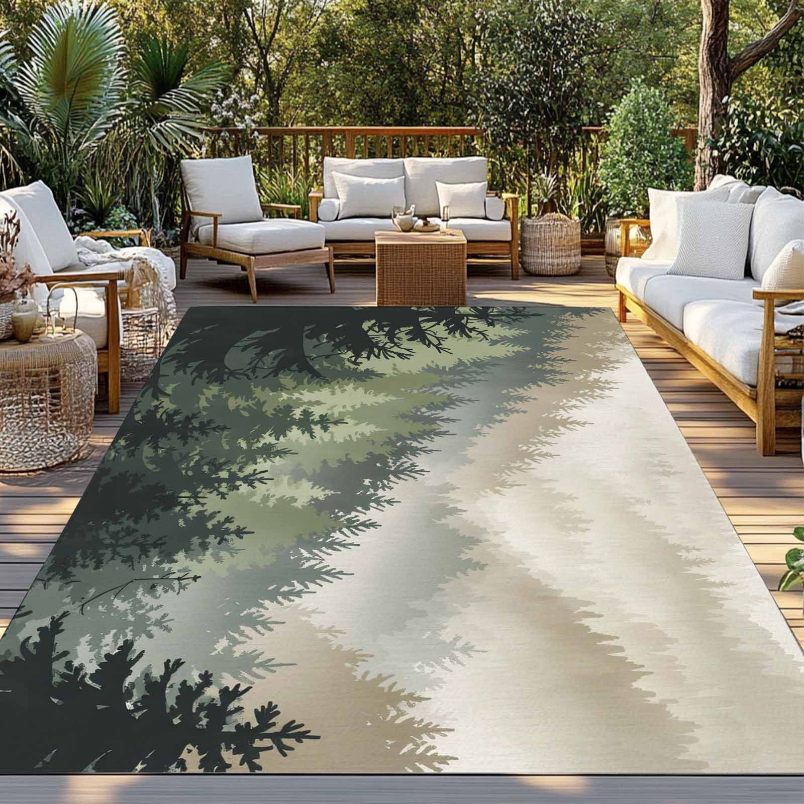 Mountains Outdoor Rug for Patio/Deck/Porch, Non-Slip Large Area Rug 6 x 9 Ft, Watercolor Forest Nature Pine Trees Landscape Indoor Outdoor Rugs Washable Area Rugs, Camping Rug Carpet Runner