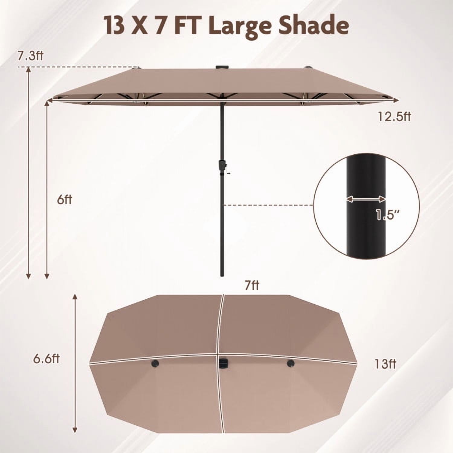 GVN Outdoor Patio Umbrella,Patio Umbrella,13 FT Large Patio Umbrella with LED Solar Lights and Crank Handle-Coffee