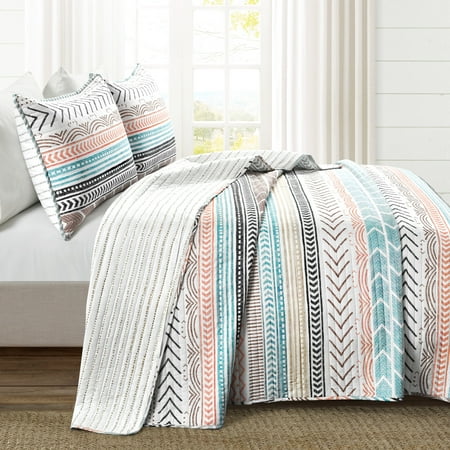 Lush Décor 3pc Full/Queen Hygge Geo Reversible Cotton Quilt & Sham Set Teal/Orange/Black