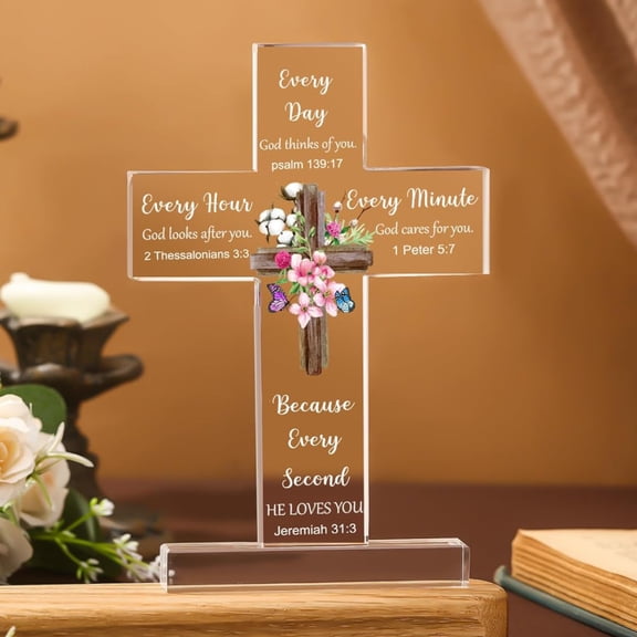 MUNDIDO Acrylic Christian Jesus Gift for Women Men Acrylic Standing Cross Religious Inspirational Gifts with Bible Verse and Prayers Sunflower Cross for Friends Mom Wife Colleague(Fresh Style)
