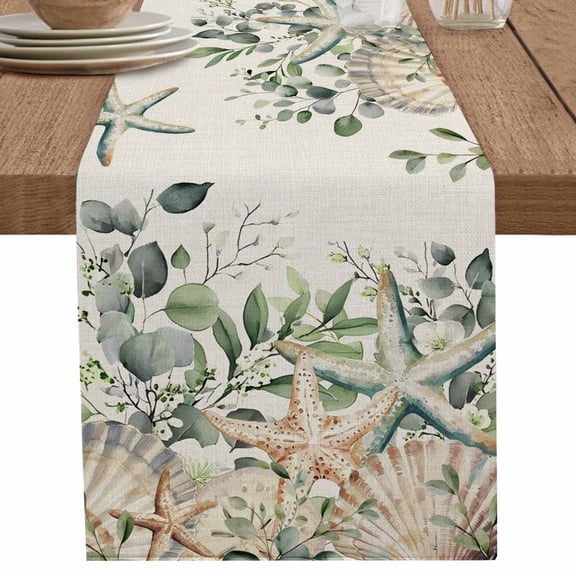 nqOlkjepod Spring Eucalyptus Coastal Table Runner 108 Inches Long Farmhouse Dress Scarves, Starfish Summer Shell Dining Tablerunner for Coffee Table/Kitchen Island/Party Décor, 13" x 108"
