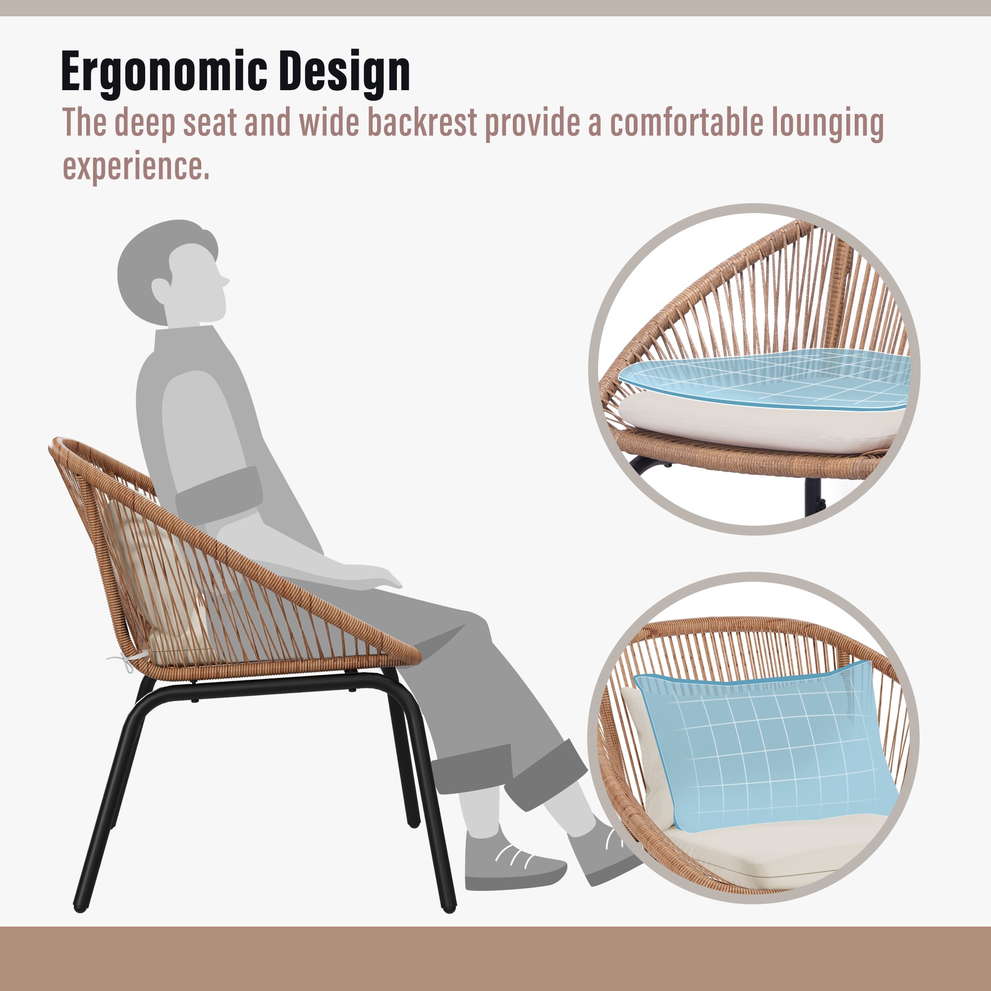 LAUSAINT HOME 3 Pieces Patio Bistro Set, Outdoor Furniture with 2 Chairs and 1 Coffee Table, Beige Cushions, Linear Weave Design