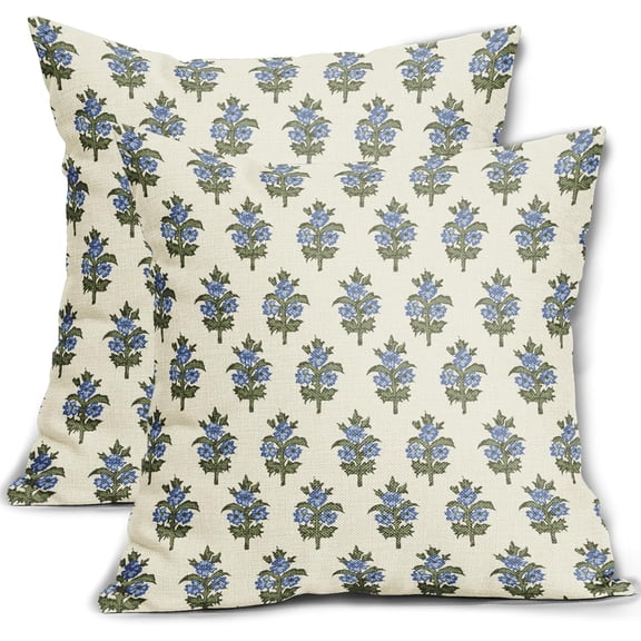 Olive Green Blue Floral Block Print Pillow Covers 18x18 Set of 2 Spring Flower Pattern Decorative Throw Pillowcases Outdoor Rustic Farmhouse Square Cushion Cases Decor for Home Couch Sofa Bed
