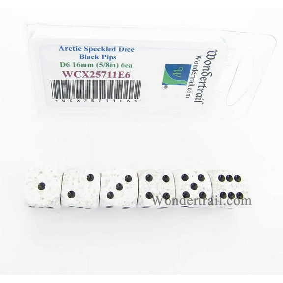 Arctic Speckled Dice with Black Pips D6 16mm (5/8in) Pack of 6 Wondertrail