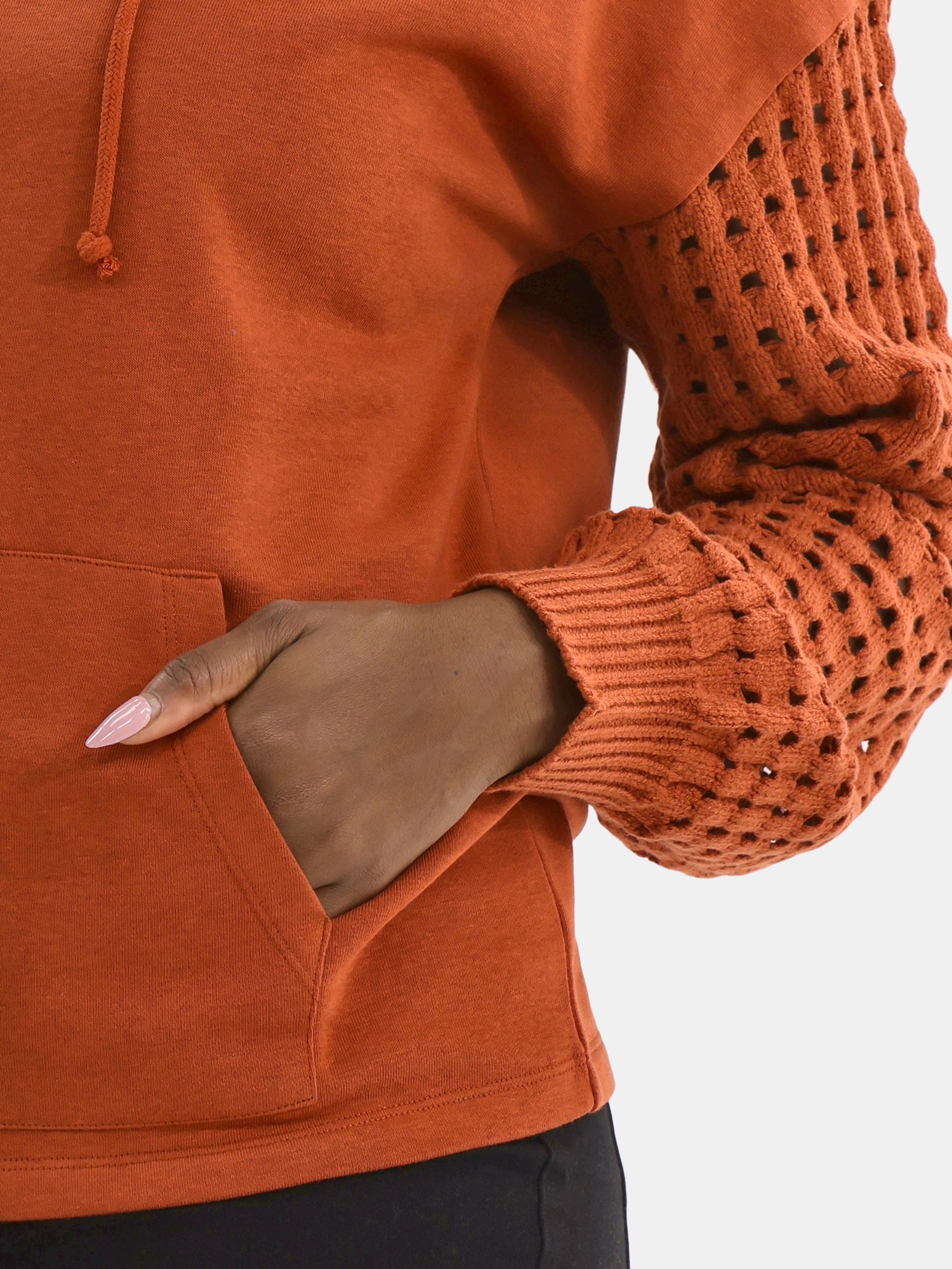 Time and Tru Women's Fleece Hoodie with Crochet Long Sleeves, Sizes XS-XXXL