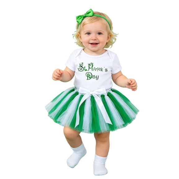 SonxaHe Newborn Girl Outfits St. Patrick's Day Letter Print Short Sleeve Bodysuit Tutu Skirt Hair Outfits,3-Piece for Baby Green,Size 0-3 M