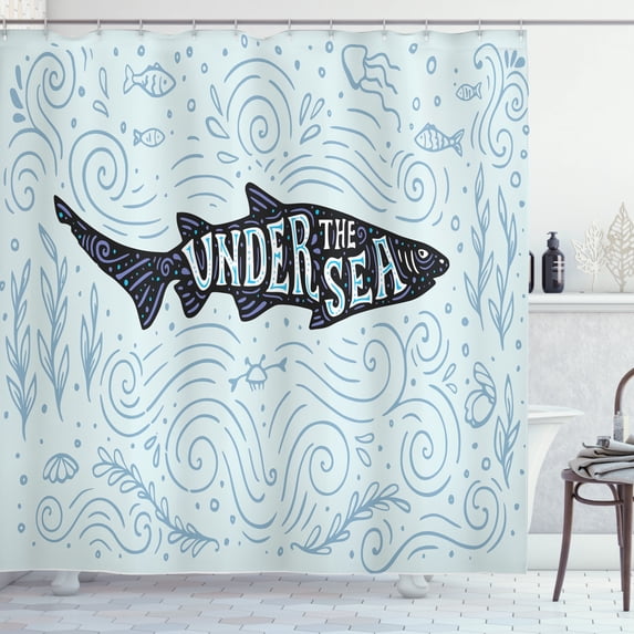 Under the Sea Shower Curtain, Doodle Style Nautical Design of a Fish with Funny Lettering, Fabric Bathroom Set with Hooks, 69W X 70L Inches, Pale Blue and Multicolor, by Ambesonne