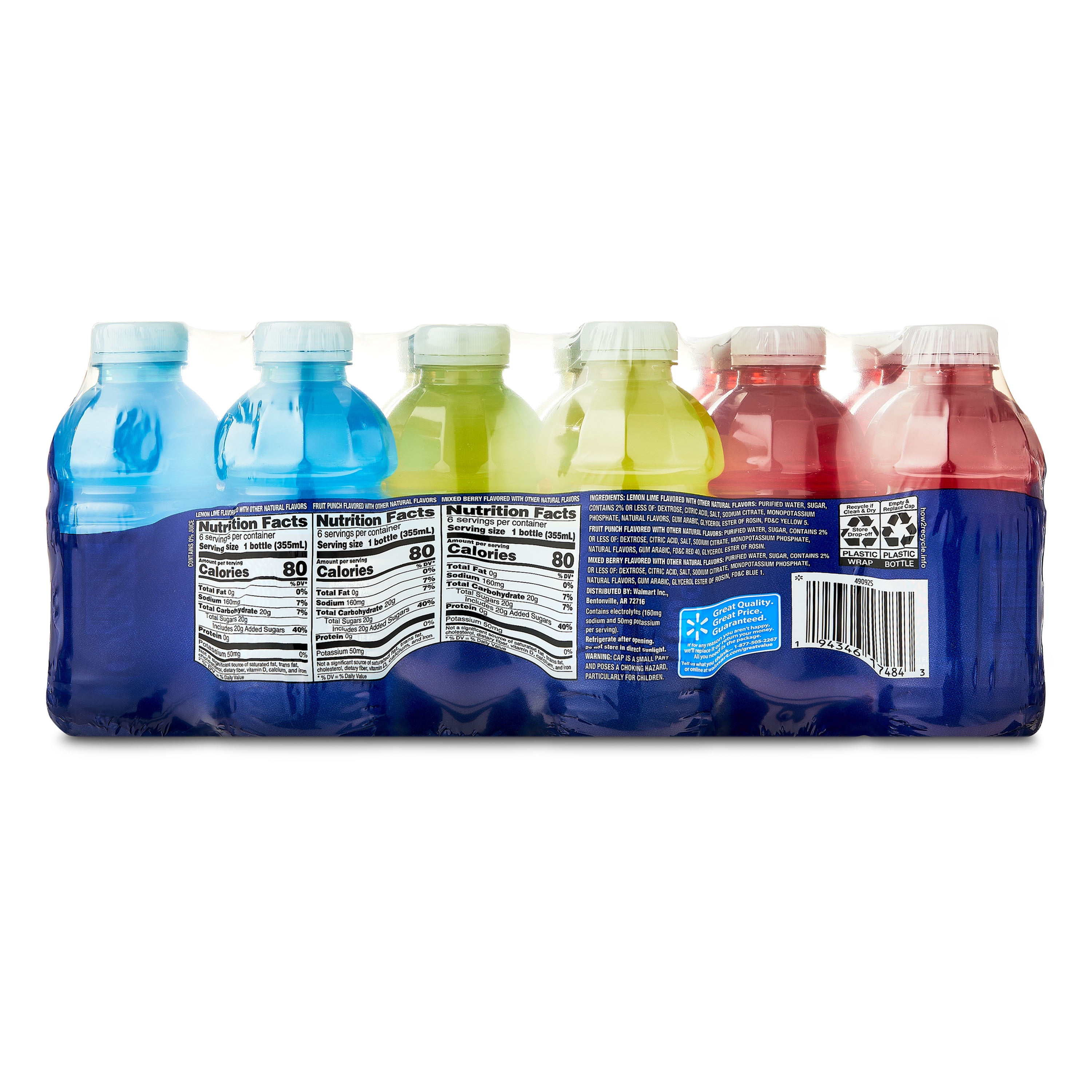 Great Value Sport Hydration Beverage Variety Pack, Fruit Punch/Lemon Lime/Mixed Berry, 12 fl oz, 18 Bottles