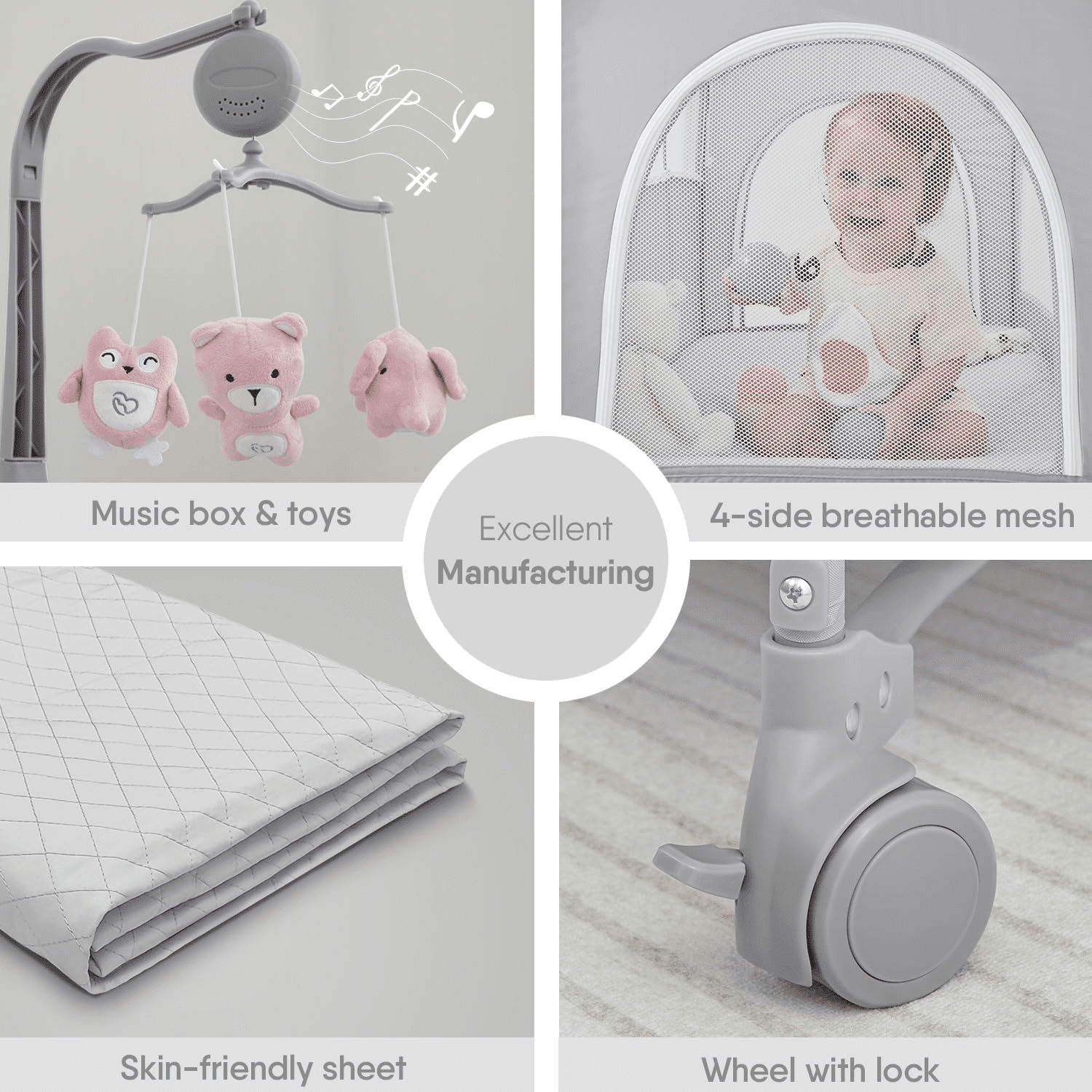 ADOVEL Baby Bassinet Bedside Crib, Pack and Play with Mattress, Diaper Changer and Playards from Newborn to Toddles,Pink