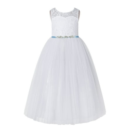 

White Floral Lace Neck A-Line Keyhole Back Flower Girl Dress Christening 178R4