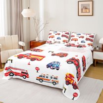 Homewish Cartoon Fire Engine Full Size Sheets,Cute Cartoon Car Bed Sheets,White Red Blue Sheet Sets For Teens,Breathable Home Decor,4pcs