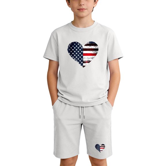 White 4th of July Kids Outfit Patriotic American Flag Heart T-Shirt & Shorts Set,Size 11 T