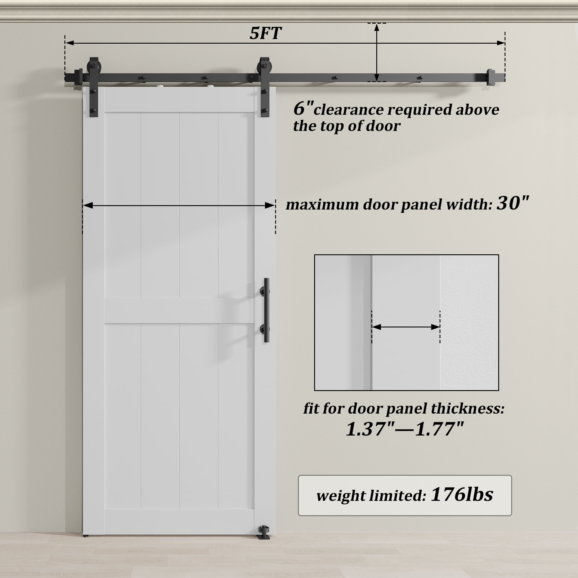 Miniyam 30 in. x 84 in MDF White H-Shaped Barn Door with Hardware