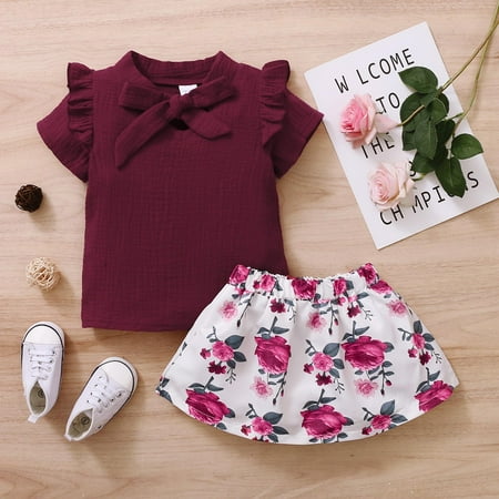 

Leutsin Toddler Girls Clothes Summer Short Sleeve Linen Bow Tops Flowers Skirt Outifit
