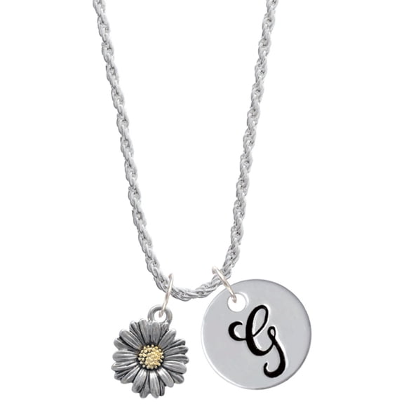 Delight Jewelry Two-tone Daisy Flower Silvertone Script Initial Disc - G - Charm Necklace, 20"+3"