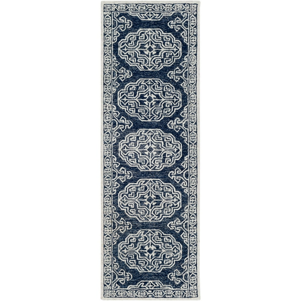 2.5' x 8' Contemporary Style Navy Blue and Cream White Rectangular Hand