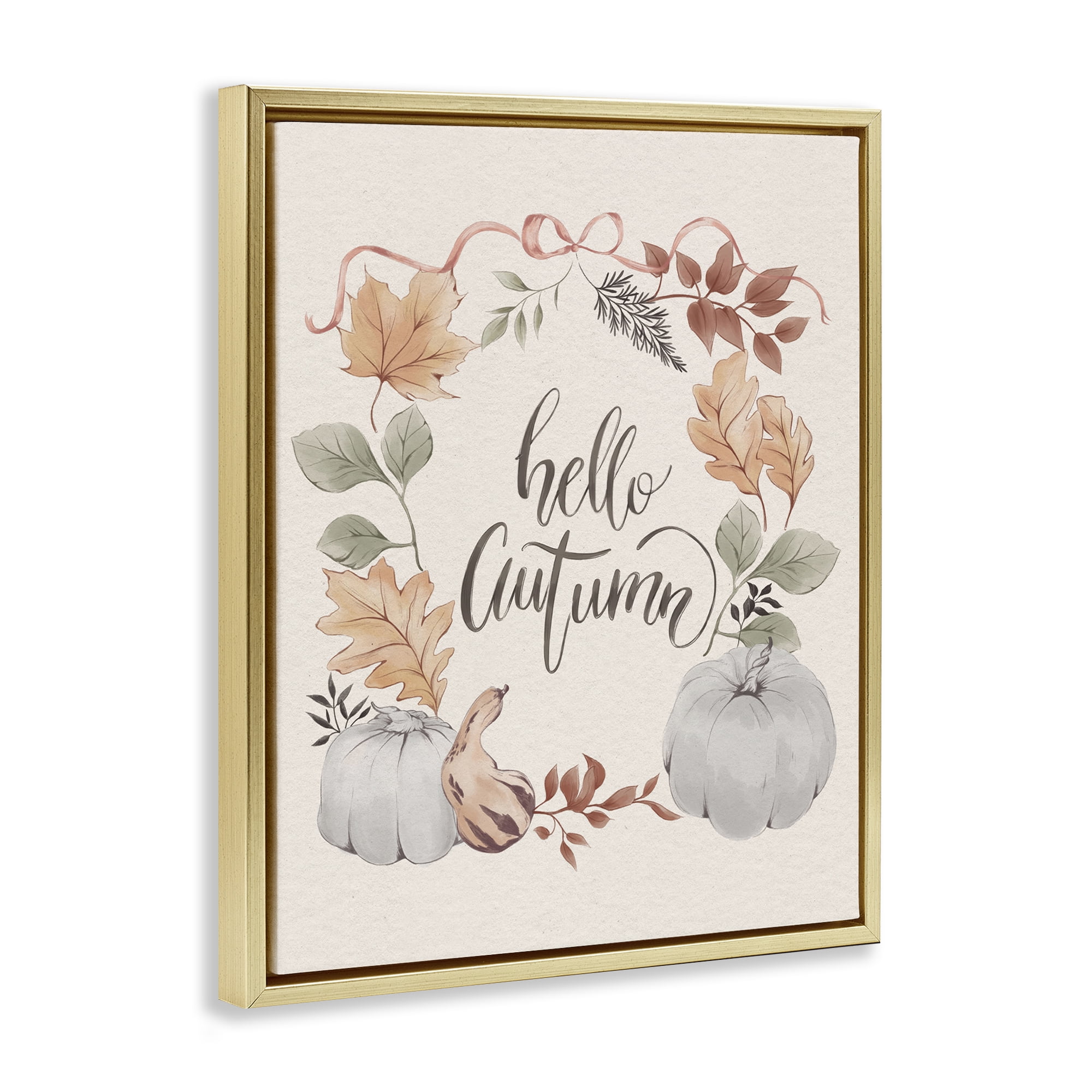 Stupell Industries Hello Autumn with Garland Animals Painting Gold Floater Framed Canvas Art Print Wall Art, 17 x 21