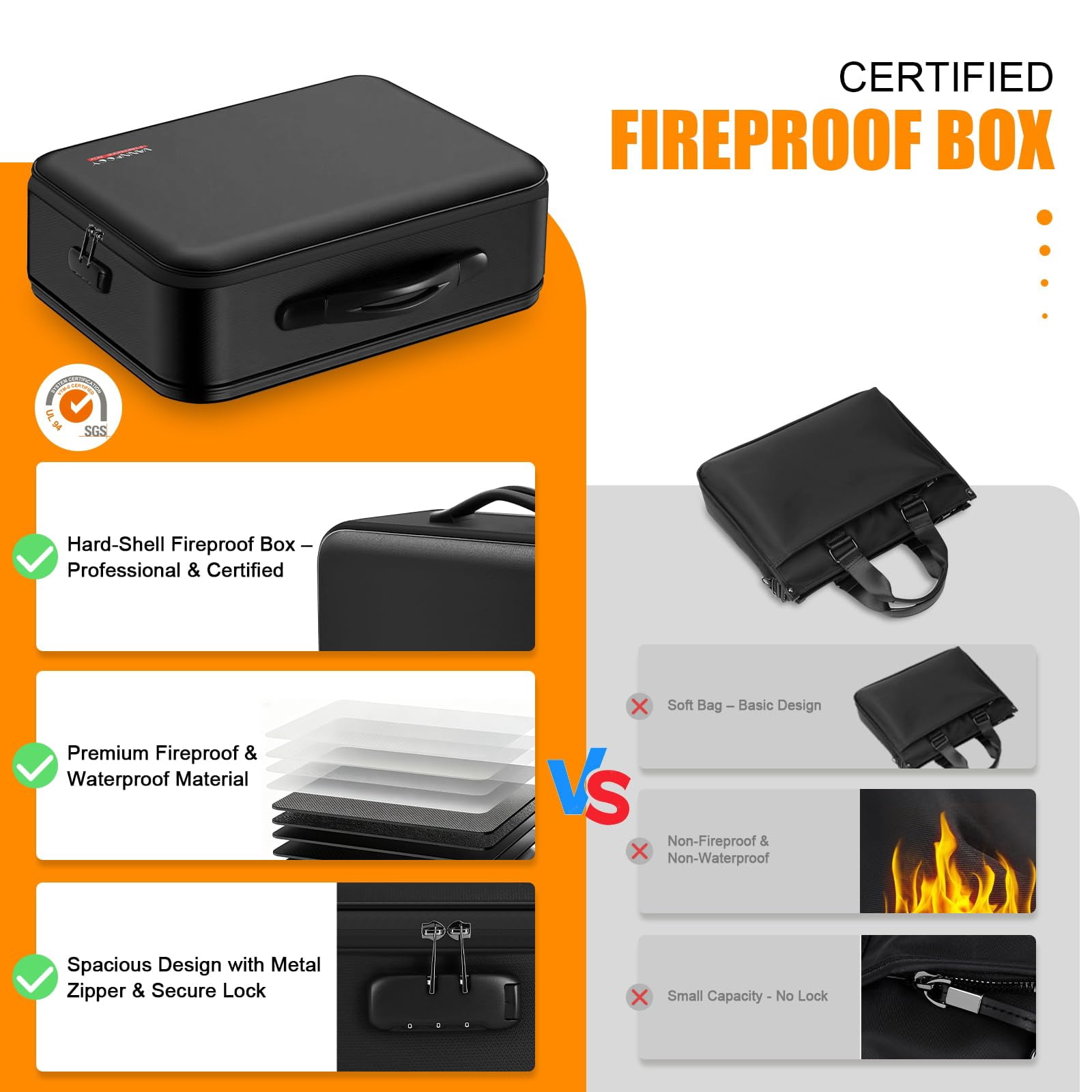 TeSabMi Fireproof Document Box with Lock, 5200°F Fire Proof Safe for Home Documents, Hard-Shell Fireproof & Waterproof Safe Box for Important Files Black